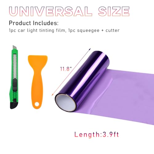 Car Headlight Vinyl Film Sticker Sheet Roll, 12"×48" Self-Adhesive Sticker for Tail Lights Fog Lights, Air-Release Wrap Film Roll with Squeegee & Cutter, Car Accessories (Purple) - color: Purple