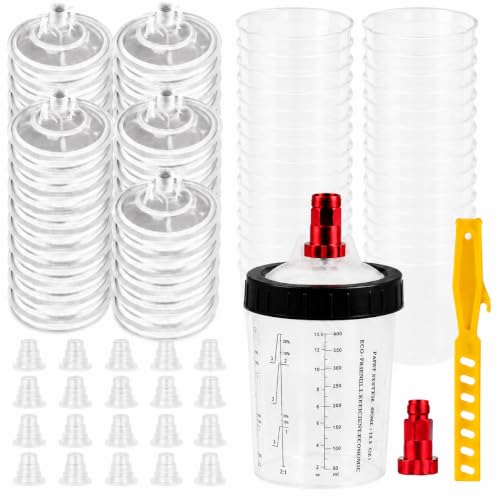 Disposable Paint Spray Gun Cup, Paint System for HVLP and LVLP Paint Spray Paint Gun, Standard 13.5 Ounce (400ml) Kit with 50 Cups and Lids System, 1 Hard Cup with Retainer Ring and 20 Plugs - size: 400ml Paint Cup