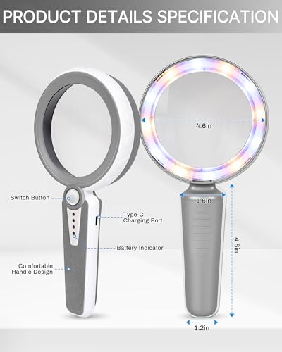 45X Magnifying Glass with Light, 4.6" Rechargeable Handheld Magnifier - color: Gray