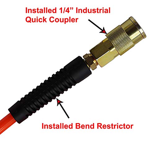 YOTOO Polyurethane Recoil Air Hose 1/4 in by 25 ft with Bend Restrictor, 1/4" Industrial Quick Coupler and Plug, Orange - color: Orange