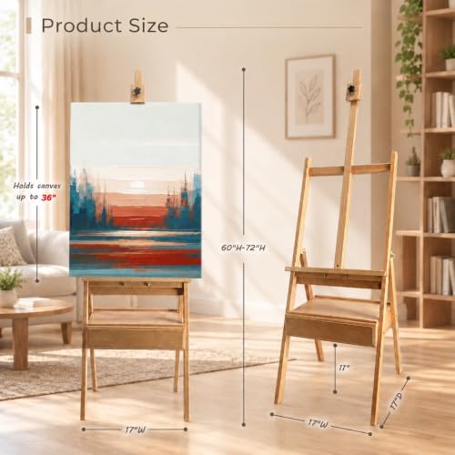 Large Solid Beech Wood Painting Easel H-Frame with Storage Drawer - color: Wooden Normal
