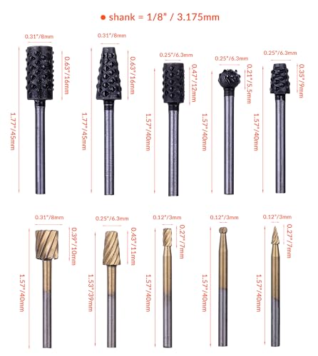 NordWolf 10-Piece Rotary Burr Rasp Files Set for Rotary Tools, with 1/8" Straight Shank for Wood Carving, Deburring, Shaping & Grooving in Storage Case - size: 1/8" Straight Shank (10 Pcs)