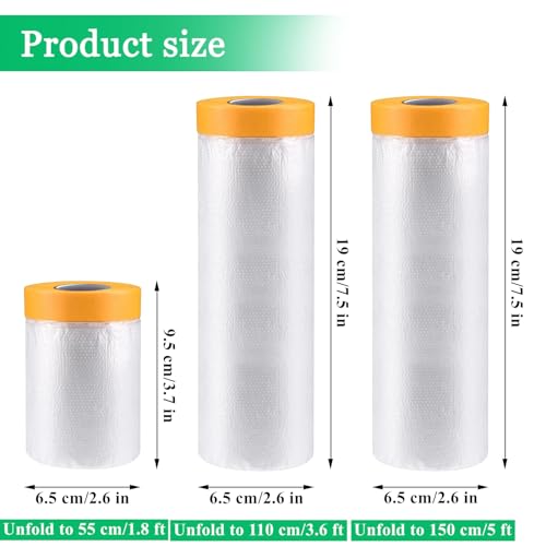 4 Rolls Pre-Taped Painting Masking Film, 3 Sizes