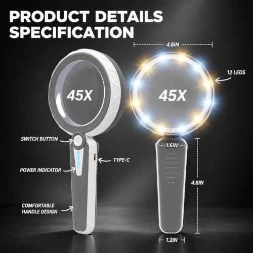 45X Magnifying Glass with Light, Large Rechargeable Magnifier for Reading - color: Elegant Grey