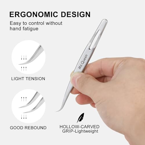 Ms.Queen Tweezers for Eyelash Extensions,Precision Curved Lash Tweezers for Volume, Isolation and Classic Lashes Extensions Applying - style: Curved Tweezers