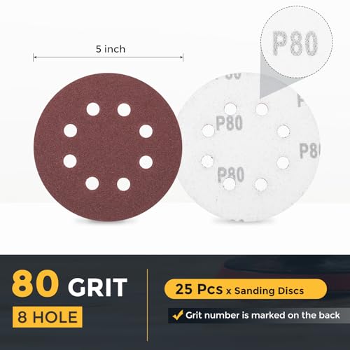 HARFINGTON 25 Pcs 5 Inch Sanding Discs 80 Grit Red Aluminum Oxide 8 Hole - size: 5 Inch(80 Grit)