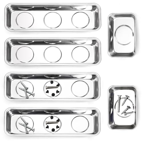 Okllen Set of 6 Small Magnetic Parts Trays, Stainless Steel Magnetic Tray Set for Mechanic's, Extra Strong Magnetic Tool Trays Holder for Socket Screw Nuts Bolts Metal Parts, 8"x2.5"/3.6"x2.5"