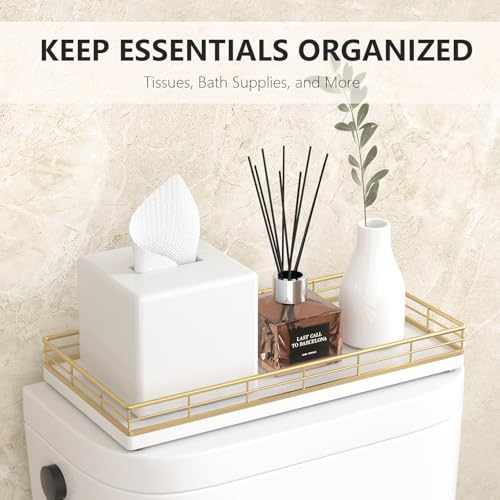 Toilet Paper Basket Organizer, Oak Wood Toilet Tank Tray with Metal Frame - color: Gold & White, size: 13" x 6.5" x 2"