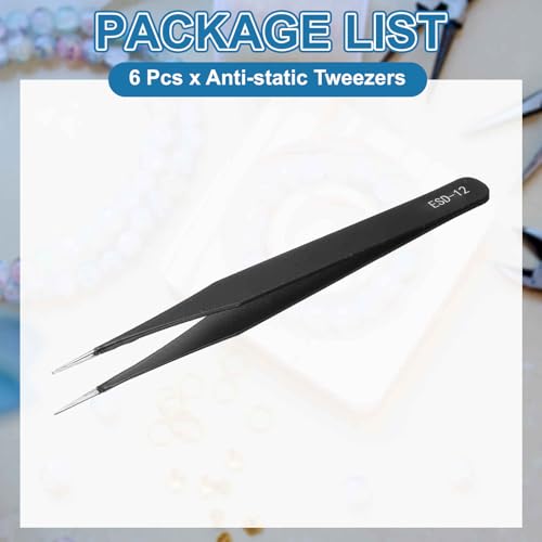HARFINGTON 6pcs 5.31" Long ESD-12 Anti-static Straight Pointed Tip Tweezers - size: 5.31"（ESD-12)