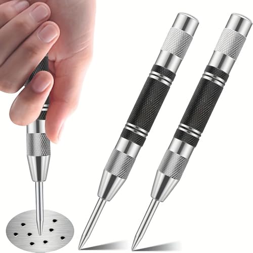 2-Pack Heavy-Duty Automatic Center Punches, 12.7cm Stainless Steel Chrome-Plated, Adjustable Spring-Loaded Hole Marker Scriber for Metal, Plastic, Wood - Durable Precision Drilling Tool