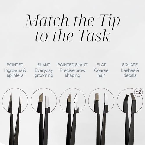 Tweezer Guru Eyebrow Tweezer Set for Women & Men - Professional Slant and Pointed Tweezers Set with Case - Precision Tweezers Kit for Facial Hair, Splinter and Ingrown Hair Removal (6 Pack)