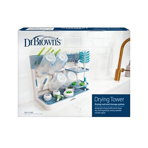 Dr. Brown's Drying Tower, Stand-Up Drying Rack, Countertop Baby Bottle Drying with Organized Storage for Baby Essentials, Space Saving Vertical Rack, Blue/White - size: Countertop, style: Blue/White Stand-Up Drying Rack