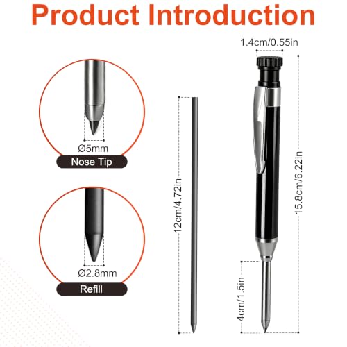 YEVEETTE 2.8mm Carpenter Pencils with 7 Refills, Built-in Sharpener Long Nib Deep Hole Construction Pencil, Metal Drafting Pencil Set for Carpenter Scriber Woodworking Architect (Black)