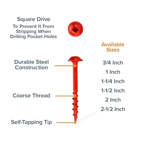Bora Pocket Hole Screws 1-1/2 in Coarse Thread 500 Pack - size: 1-1/2 inch (500 Piece), style: Coarse Thread