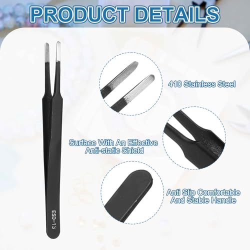 HARFINGTON 4.8" Long ESD-13 Anti-static Straight Pointed Tip Tweezers Round