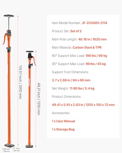 VEVOR Cabinet Jack Support Pole, 2-Pack, 49.2-114.6 Inch Steel Telescopic Quick Support Rod, Adjustable 3rd Hand System up to 198 lbs Capacity for Installing Cabinets, Lifting Drywall, Cargo Bars - style: 49.2"-114.6" 2PC