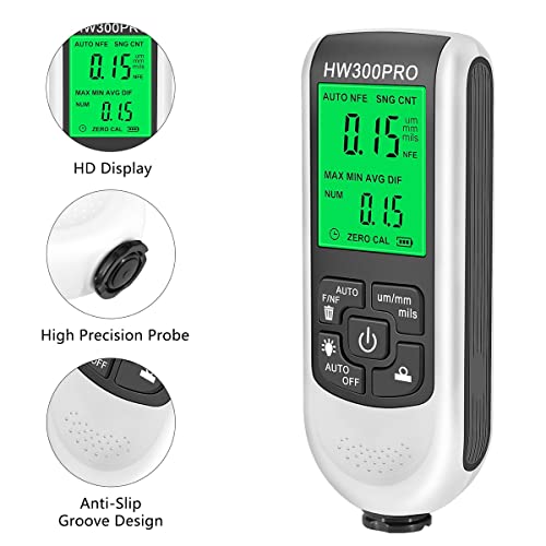Paint Thickness Gauge Meter Fe/NFe Probe Coating Thickness Gauge Professional Multifunctional Car Paint Depth Gauge Test Precise HW-300PRO for Car Automatic Detection(white) - color: white