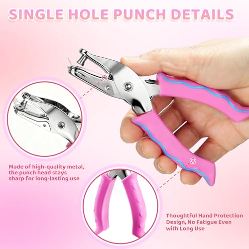 2 Pcs Single Hole Punch, 1/4" and 1/8" Hole Puncher with Pink Soft Grip