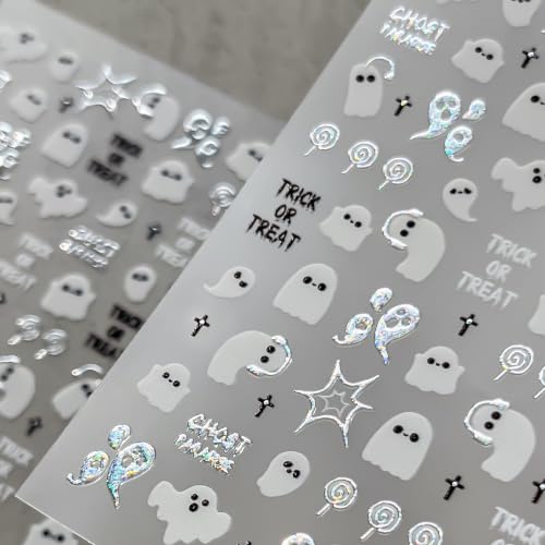 1 Sheets Halloween Nail Stickers for Nail Art Cute Music Ghost 5D Embossed Self Adhesive Nails Decals Gothic Silver Ghost Nails Supplies Spider Web Manicure Design for Women Nails Decoration - color: Halloween Spider Web