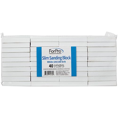 ForPro Slim Sanding Block, White 100/180 Grit, for Manicures and Pedicures, Non-Damaging or Scratching, .5” H x 3” L x 1” W, 40-Count
