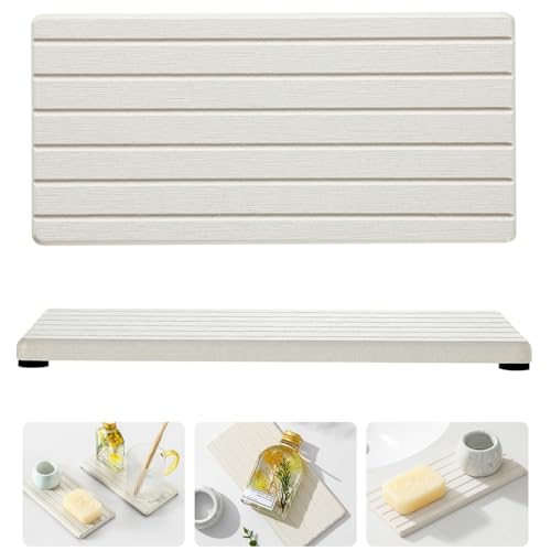 Razborci 2 Pack Greige Bathroom Sink Vanity Trays, Diatomite Stone Kitchen Counter Caddy Dish Soap Dispenser Sponge Holder, Water Absorbing Mat Organizer for Plant,Cosmetic Bottle, Beige, 8"x3.8" - color: 2 Pack - Beige, size: 8" x 3.8"