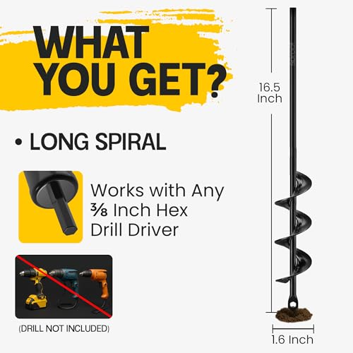 Garden Auger Drill Bit for Planting 1.6" x 16.5" -3/8" Hex Drive Compatible - size: 1.6 x 16.5 Inch (1 Pack)