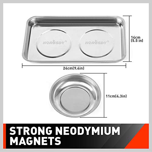 HORUSDY 4-Piece Large Magnetic Parts Tray Set, Stainless Steel Heavy Duty 9.5" W x 5.5''L Square and 4.5" Round Magnetic Trays Tools Parts Tray - color: 4-piece Magnetic Tray - Pro