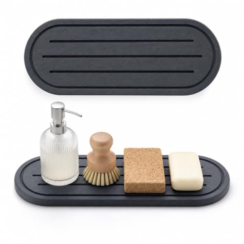 Razborci 2PCS Water Absorbing Stone Drying Tray Mat for Bathroom Sink & Kitchen Counter Faucet Organizer Decor, Quick Dry Dish Soap Dispenser Sponge Holder, Vanity Caddy Coaster,Dark Gray -10"*3.8" - color: 2 Pack - Dark Gray, size: 10" x 3.8"