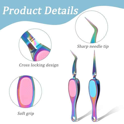 Salbsever 2 Pcs Craft Tweezers - Precision Reverse Tweezers with Soft Grip, Crossing Lock, Fine Point and Curved/Straight Tips - color: Colorful