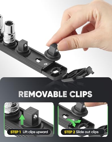 ALOANES Magnetic Socket Organizer, 3/8" Rail 14 Clips (Black, 1PC) - color: Black, size: 1PC, 3/8-Inch Drive