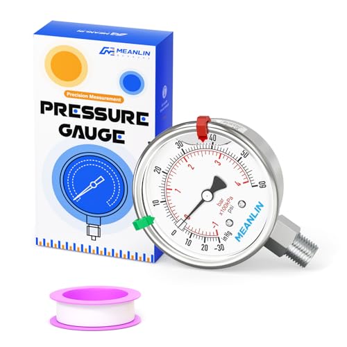 MEANLIN MEASURE -30inHG~60Psi Vacuum Pressure Gauge 316 Stainless Steel Joint 1/4" NPT 2.5" FACE DIAL, Stainless Steel Liquid Filled Pressure Gauge WOG Water Oil Air Lower Mount, 2PCS Snaps - size: -30inHG-60Psi, style: Lower Mount