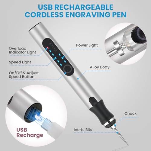 Electric Engraving Pen with 37 Bits for Wood Glass Stone Carving (Silver) - color: Silver