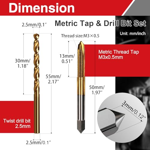 M3x0.5 Tap and 2.5mm Drill Bit Set, HSS M2 Taps and M35 Cobalt Drill Bits - size: M3×0.5+2.5mm