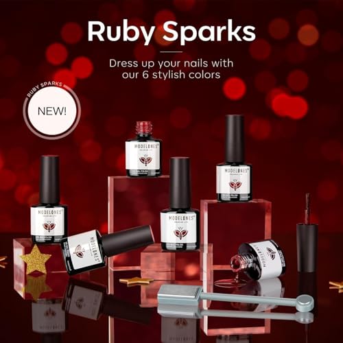 modelones Red Gel Nail Polish Set 6PCS Christmas Giltter Cat Eye W Magnet - color: A A A2 Ruby Sparks