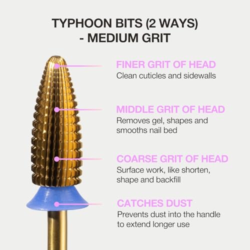 Curacoro Nail Drill Bits 3/32'' Typhoon Bits, 2 Way, Carbide Bit (Medium) - color: Yellow Titanium - Typhoon Bit, size: Medium