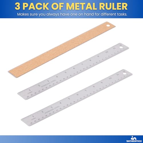 1InTheOffice Metal Ruler 12 Inch, Stainless Steel 12 Inch Ruler with Cork Back and Hanging Hole - 1/16" Standard Scale 12 inch - 3 Pack