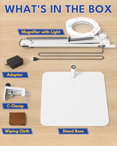 15X Magnifying Glass with Light and Stand, 84 LED Magnifying Desk Lamp with Clamp and Base, 10 Dimmable Brightness 5 Color Modes, Hands Free Lighted Magnifying Glass for Close Work, White