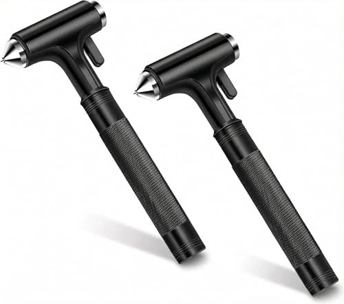 2-Pack Alloy Car Window Breaker with KM46 Tungsten Tip, 3-in-1 Glass Breaker & Seatbelt Cutter & Escape Hammer Car Emergency Rescue Tools for Tesla Model 3/Y/S/X/Cybertruck Accessories(Black-2PCS) - color: Black-2pcs