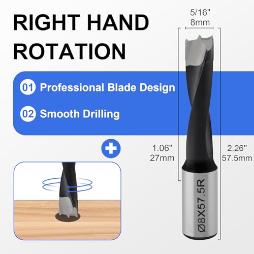 Carbide Tipped Brad Point Boring Bit 8mm Dia x 57.5mm Long - 10mm Shank, Right Hand Rotation for CNC Dowel Drilling - size: 8mm Dia x 57.5mm Long x 10mm Shank R