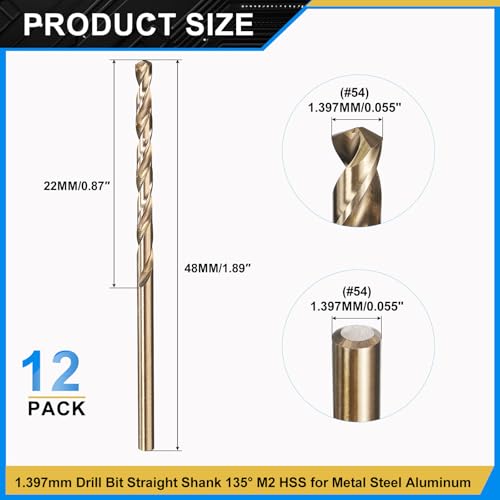 PATIKIL #54 Drill Bit Micro M2 High-Speed Steel 135° Gold Finish 12Pcs - size: #54