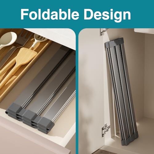 COOL-ANGLE Aluminum Roll Up Dish Drying Rack, 17.7x13.4 Inches, Matte Gray - size: Rectangle 17.7'' x 13.4''