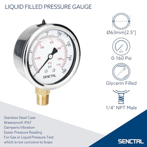 SENCTRL 0-160 Psi Liquid Filled Air Pressure Gauge, 1/4" NPT Lower Mount - size: 0-160 Psi, style: Lower Mount