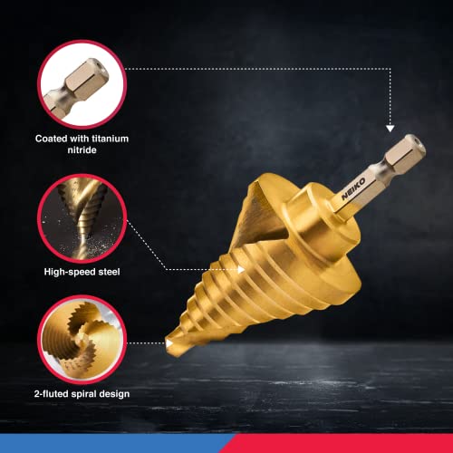 NEIKO 10174A Step Drill Bit, 10 Steps 1/4" to 1-3/8" Straight High Speed Steel, Titanium Nitride Coated, 1/4" Quick Change Step Bits for Steel, Metal, Wood, Plastic, Unibit Cone Drill Bits, Two Flute - size: #5 (1/4 - 1-3/8", 10S), style: Spiral