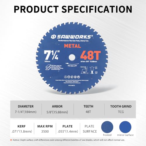 SawWorks 7-1/4 Inch 48T TCG Circular Saw Blade for Metal Cutting - size: 7-1/4" 48T Metal