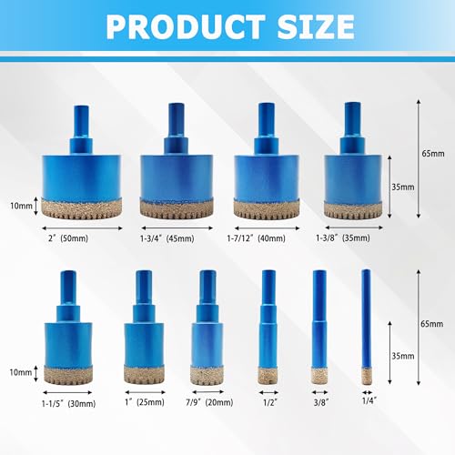 Tile Hole Saw Kit,10 Pack Serrated Vacuum Brazed Diamond Drill Bits - size: 10 Pcs 1/4"-2"