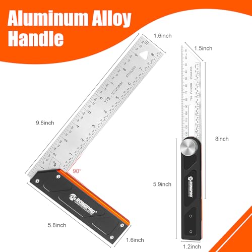 10Inch Woodworking Square Ruler and T-Bevel Gauge Set - 1/16" Precision,Sliding T-Bevel and T Measurements Ruler, Aluminum Handle Carpenter Square Layout Tool for Woodworking -Imperial… - style: 2PCS