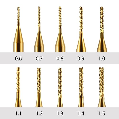 End Mill Sets, 10Pcs Titanium Coat, 1/8" Shank 0.6-1.5mm Micro Engraving Bits CNC Router Bits for Rotary Tools - size: 0.6-1.5mm