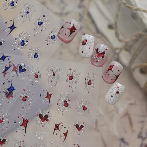 1 Sheet Halloween Nail Stickers for Nail Art Silver Spider Web Nail Decals with Red Rhinestones Spider Nail Design Gothic Halloween Holiday Crystal Red Spider Nails Supplies for Women Manicure DIY - color: Halloween Red Spider
