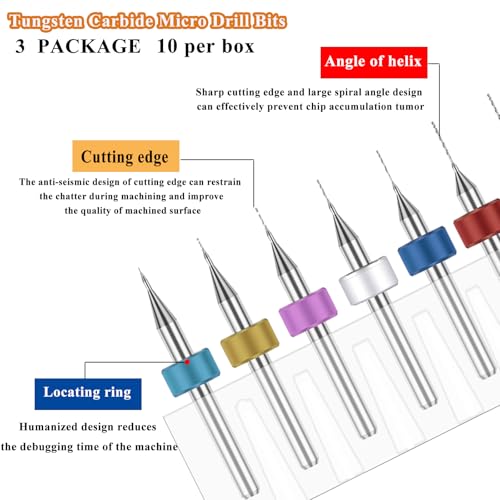 30pcs Micro Drill Bits Set for Most Rotary Tools,Spiral Flute 0.1mm-1mm Tungsten Steel Carbide mini PCB Drill Bits for Print Circuit Board,Stone Grinding,CNC Engraving,Jewelry Making etc - size: 0.1-1mm