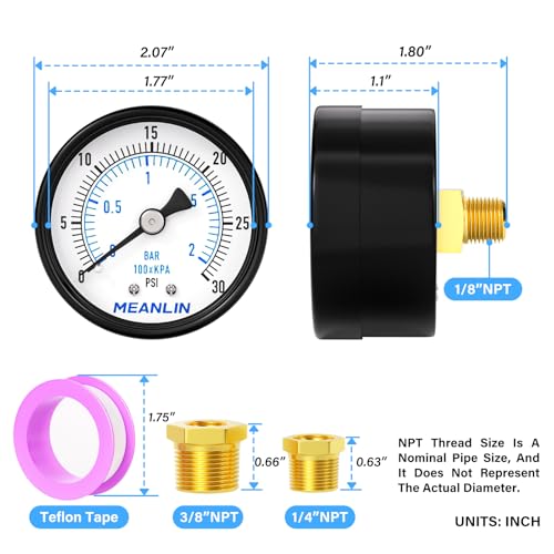 MEANLIN MEASURE 0-30Psi 2" DIAL FACE 1/8" NPT Well Pump Pressure Gauge, with 1/4" NPT and 3/8" NPT Hex Bushing, 3-2-3% Accuracy, Center Back Mount - color: 1/8"NPT Back Mount, size: 0-30Psi